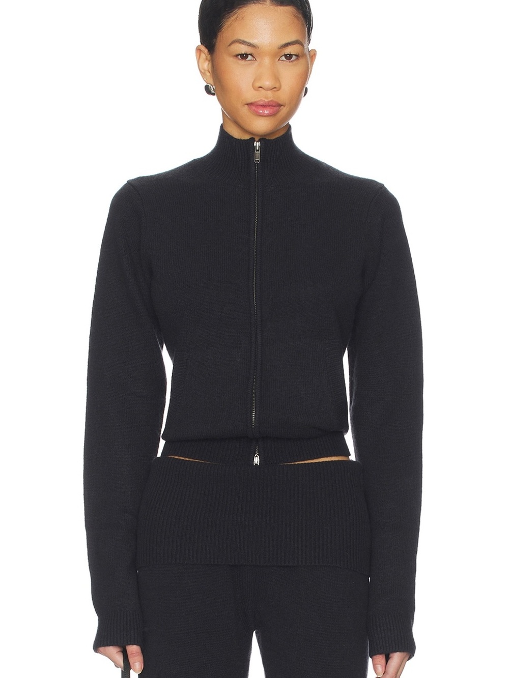 Skims Onyx Wool Cashmere Zip Up Mock Neck Sweater
